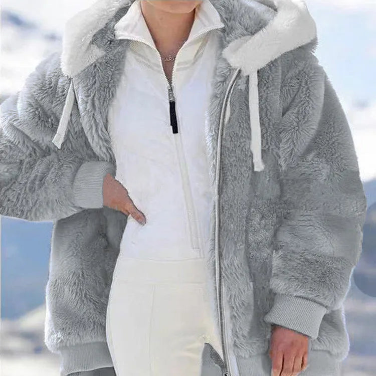 Autumn Winter Fashion Women's Coat New Casual Hooded Zipper Ladies Clothes Cashmere Women Fleece Jacket Solid Color Ladies Coats