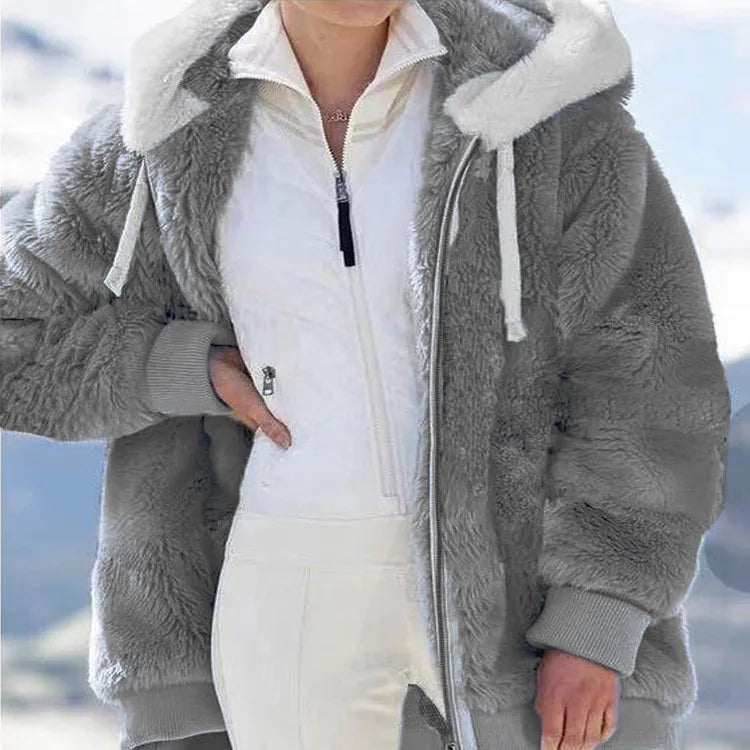Autumn Winter Fashion Women's Coat New Casual Hooded Zipper Ladies Clothes Cashmere Women Fleece Jacket Solid Color Ladies Coats