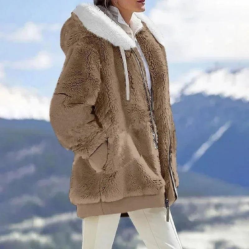 Autumn Winter Fashion Women's Coat New Casual Hooded Zipper Ladies Clothes Cashmere Women Fleece Jacket Solid Color Ladies Coats