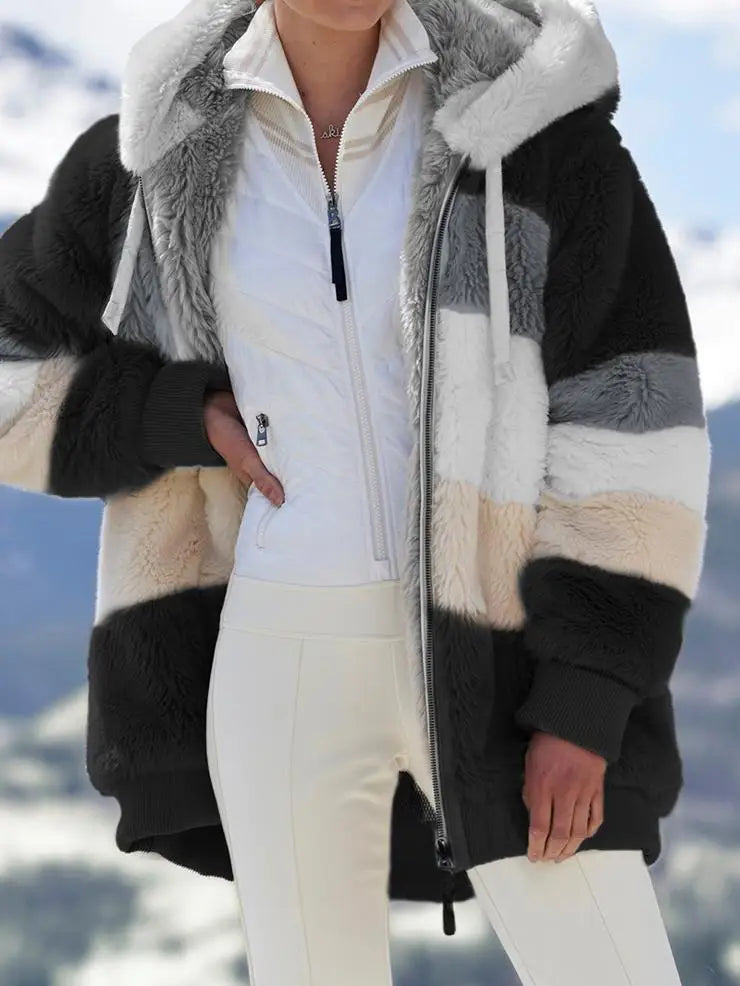 Winter Fashion Women's Coat New Casual Hooded Zipper Ladies Clothes Cashmere Women Jacket Stitching Plaid Ladies Coats