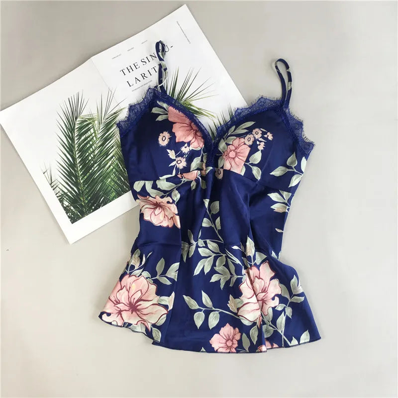 Daeyard Women's Pajamas Sexy Lingerie Silk Overall Print Cami And Shorts 2Pcs Pyjama Set Sleepwear Summer Pijama Nighty Homewear