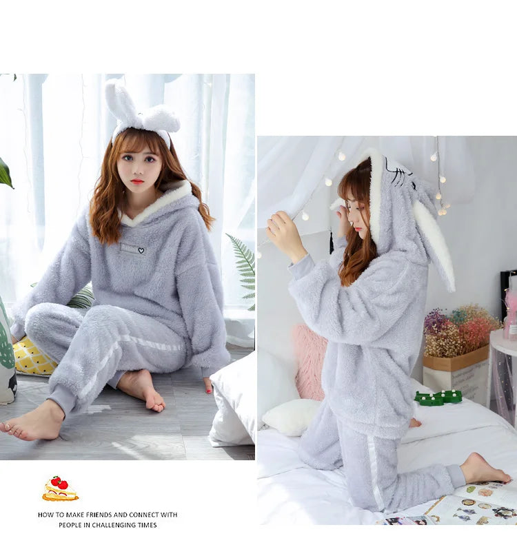 Jielur Winter Women Pajama Sets Lady Long Sleeve Shirt+Pants Solid Color Home suit Warm Hooded Cartoon Thick Pijama Feminino