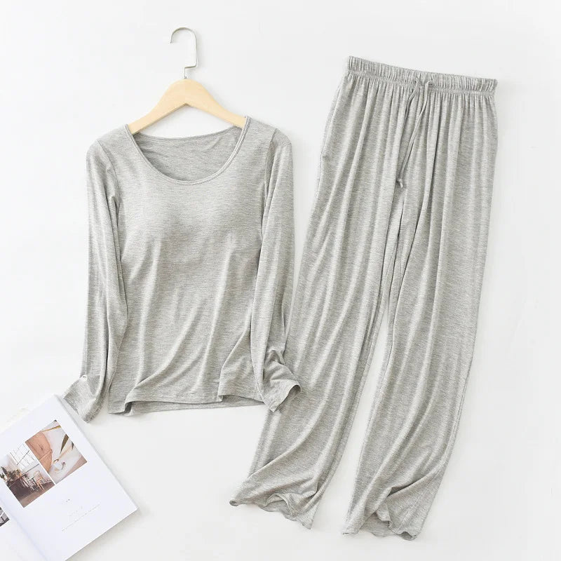 Pijama Feminino New Long Sleeve Trousers Set Modal Cotton Sleepwear Women Casual Bra Padded Winter Underwear Suit Female