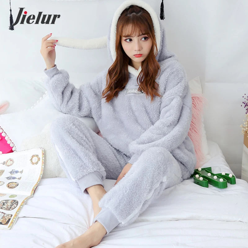 Jielur Winter Women Pajama Sets Lady Long Sleeve Shirt+Pants Solid Color Home suit Warm Hooded Cartoon Thick Pijama Feminino