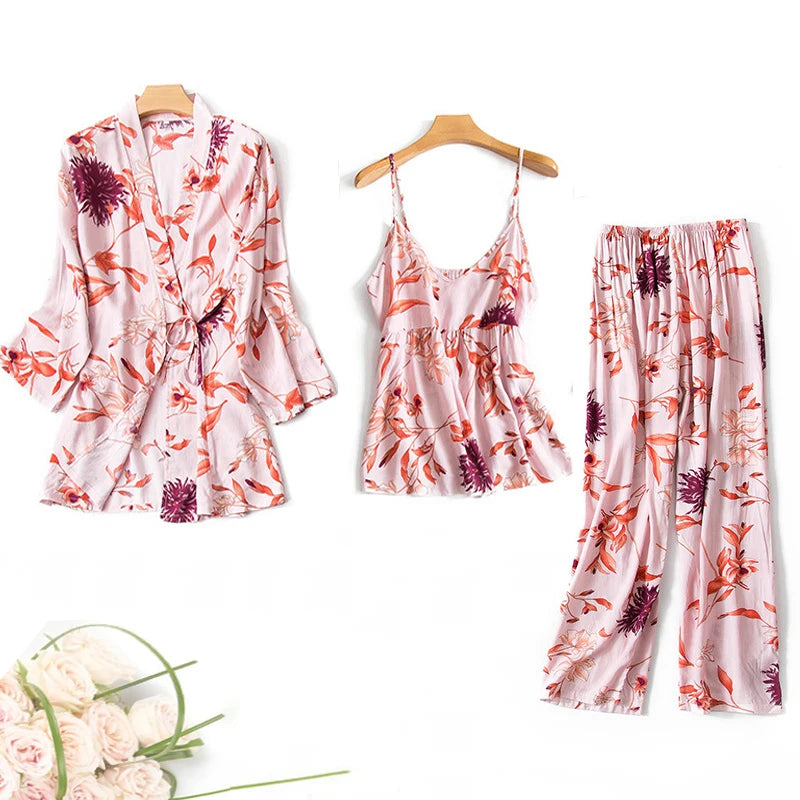 Women's Pajama Robe Set Sleepwear Suit Flower Printed Pijama Warm Home Clothing Nightwear Pyjama Women Sexy Lingerie 3 pieces