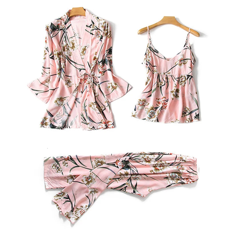 Women's Pajama Robe Set Sleepwear Suit Flower Printed Pijama Warm Home Clothing Nightwear Pyjama Women Sexy Lingerie 3 pieces