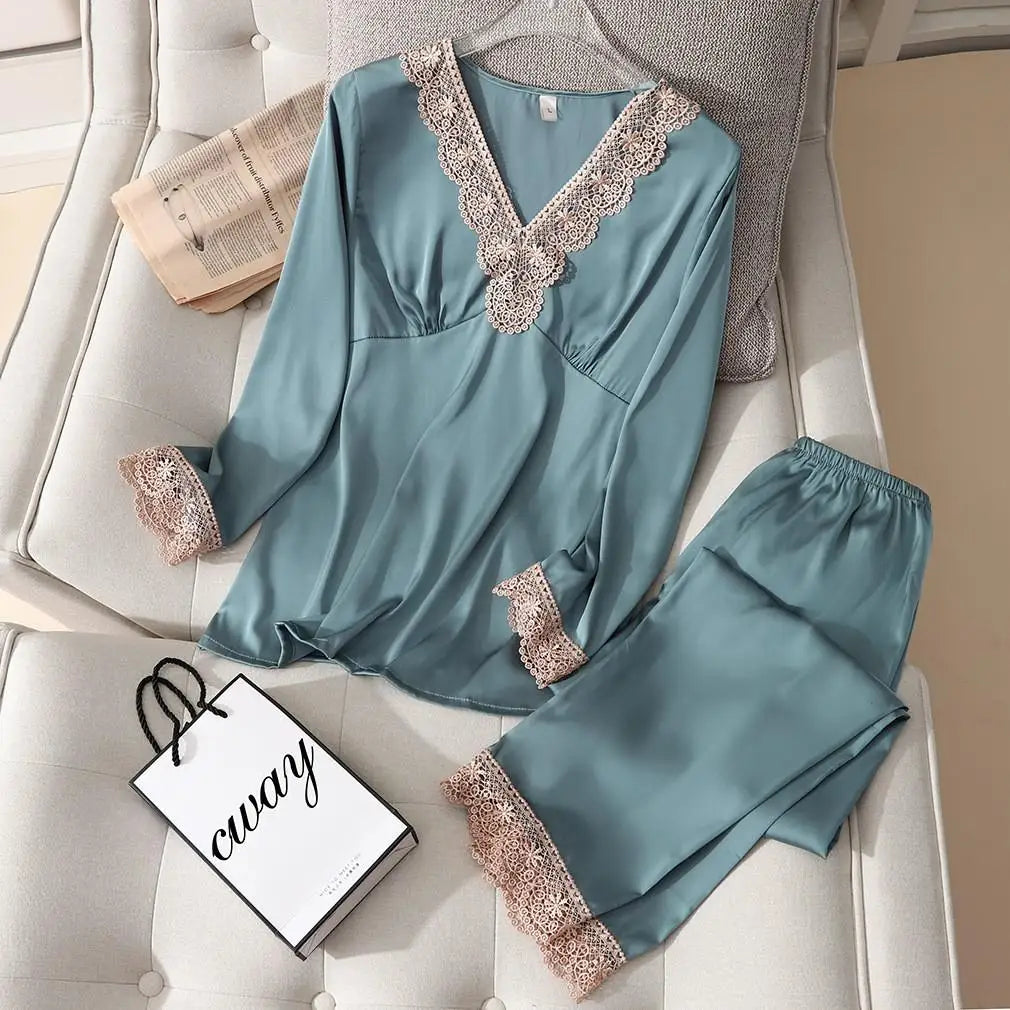 Pajama Set PJS For Women Satin Silky Pyjama Long Sleeve Casual Sleepwear Nightwear Loungewear Rayon 2 Piece Home Wear