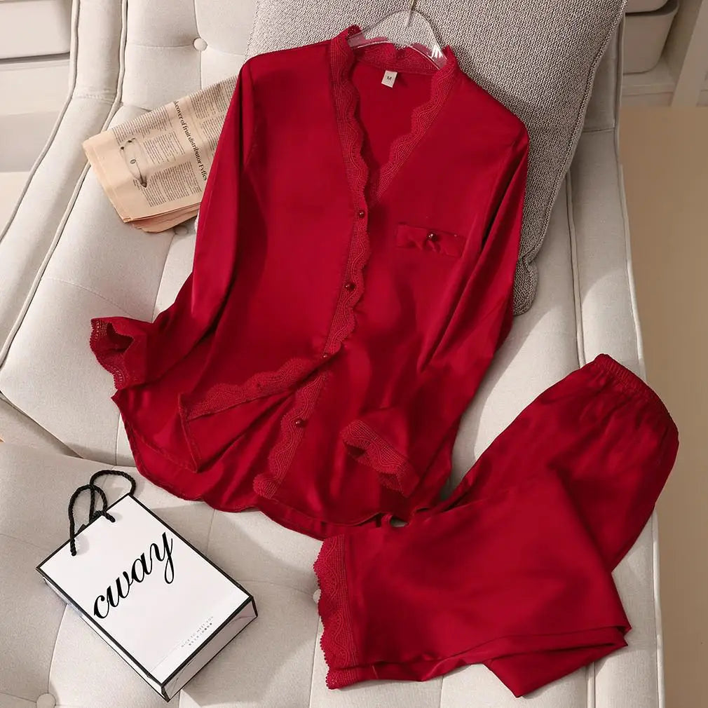 Pajama Set PJS For Women Satin Silky Pyjama Long Sleeve Casual Sleepwear Nightwear Loungewear Rayon 2 Piece Home Wear