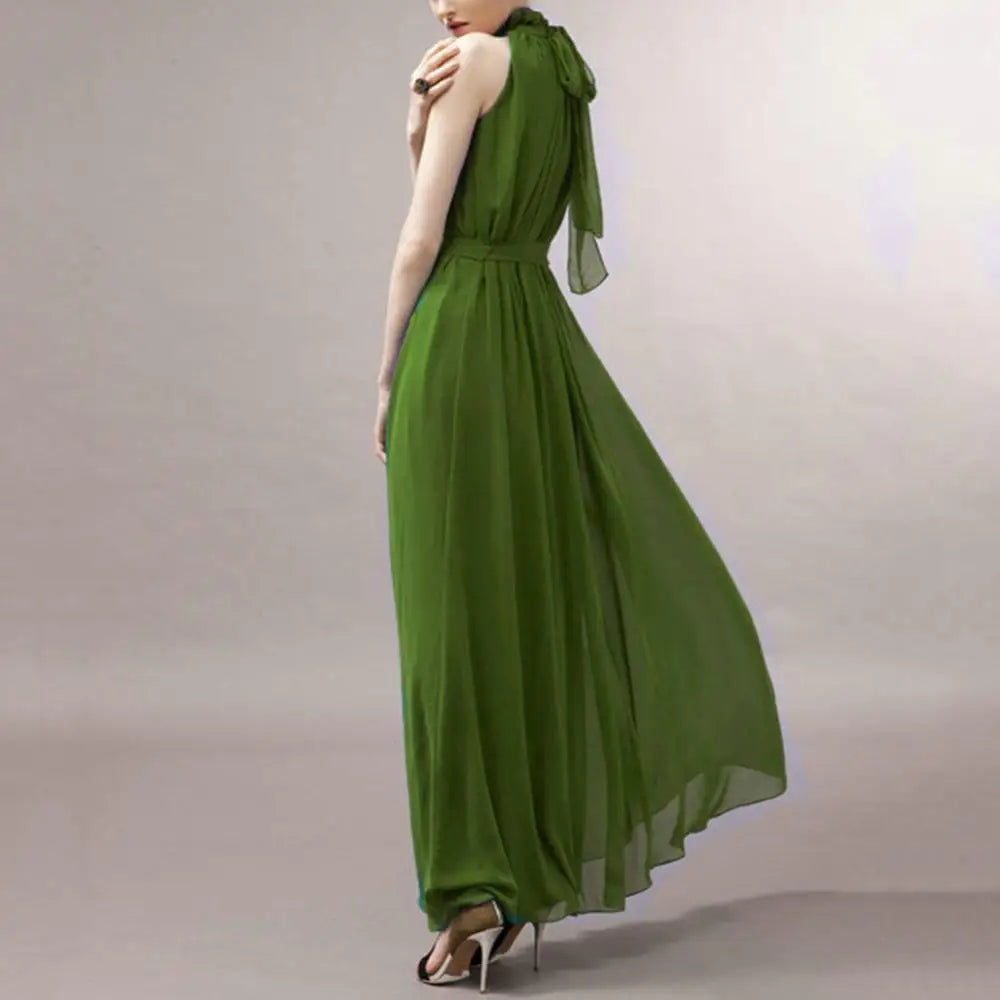 Bohemian Loose Long Dresses Women Summer Autumn Evening Party Solid Color Ruffled Collar Sleeveless Maxi Dress with Belt