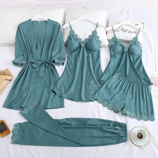 Women Pajamas 5/4/2/1 Pieces Satin Sleepwear Pijama Silk Home Wear Home Clothing Embroidery Sleep Lounge Pyjama with Chest Pads
