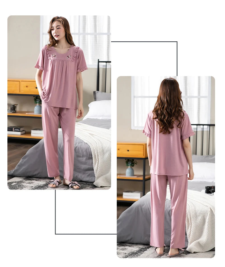 Women Pajama Sets Modal Cotton Pijamas Mujer Sleepwear Lady Short Sleeve Summer Nightwear Femme 2 Pieces Sets Lace Homewear XXXL