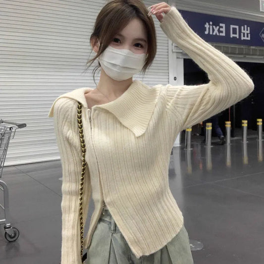 Spring New Arrival Fashion Lady Wide Collar Zip Slim Fit Tight Jumper