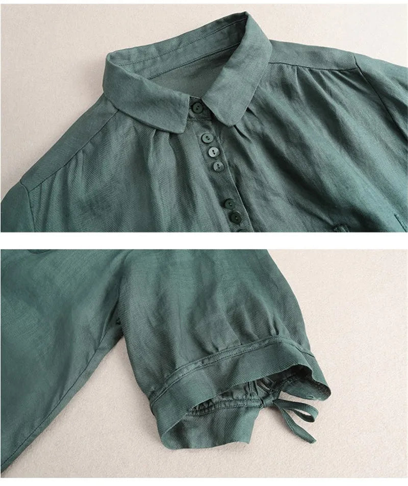 Pant Suits Women Summer New Korean Loose Fashion Sets Thin Cotton Shirt+Trousers Suit Female Retro Two Piece Set Women Green set