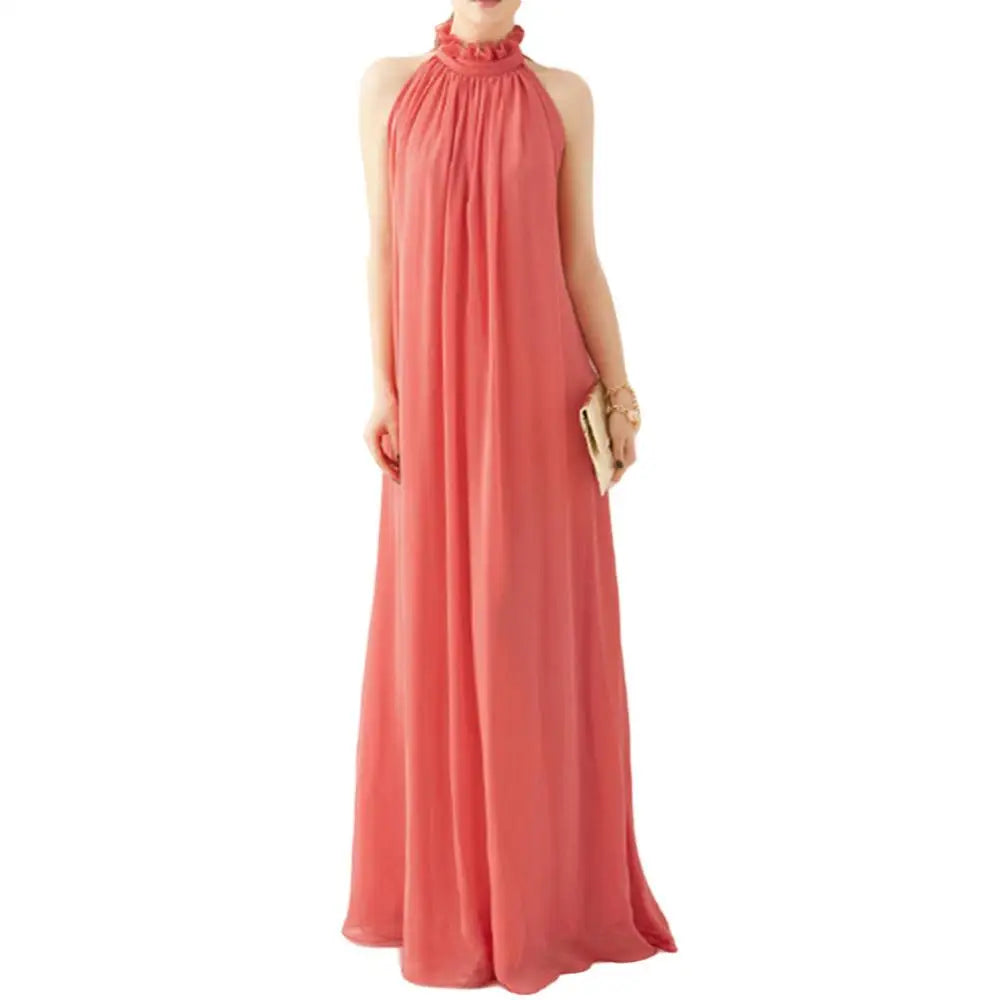 Bohemian Loose Long Dresses Women Summer Autumn Evening Party Solid Color Ruffled Collar Sleeveless Maxi Dress with Belt