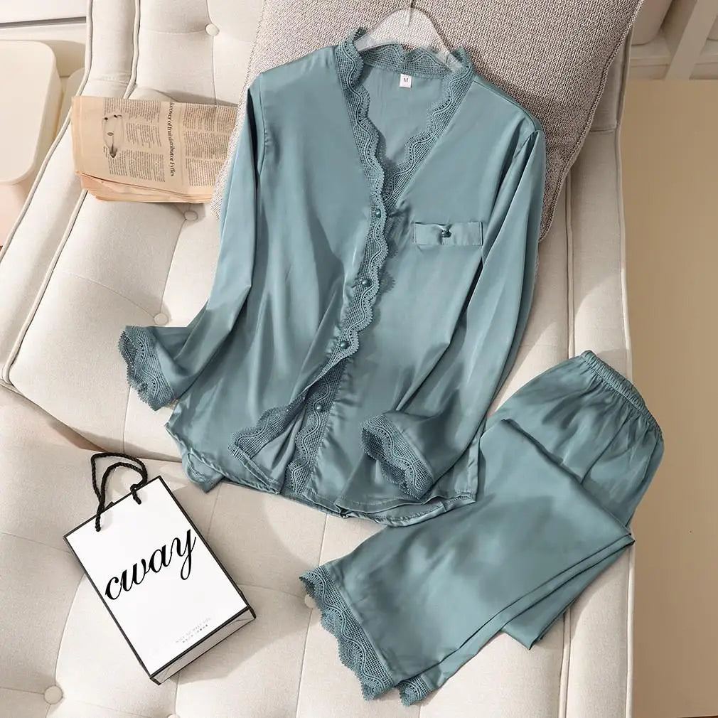 Pajama Set PJS For Women Satin Silky Pyjama Long Sleeve Casual Sleepwear Nightwear Loungewear Rayon 2 Piece Home Wear