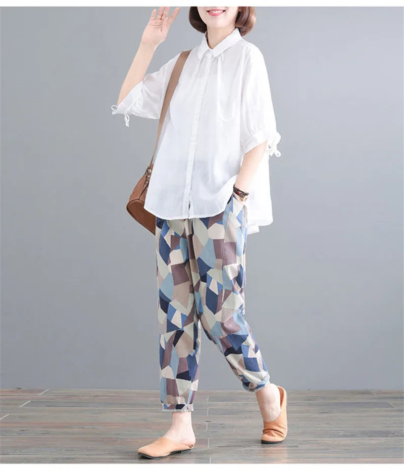 Pant Suits Women Summer New Korean Loose Fashion Sets Thin Cotton Shirt+Trousers Suit Female Retro Two Piece Set Women Green set