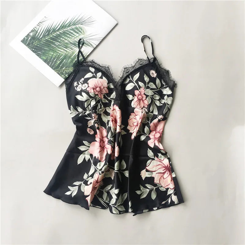 Daeyard Women's Pajamas Sexy Lingerie Silk Overall Print Cami And Shorts 2Pcs Pyjama Set Sleepwear Summer Pijama Nighty Homewear
