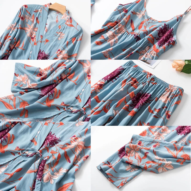 Women's Pajama Robe Set Sleepwear Suit Flower Printed Pijama Warm Home Clothing Nightwear Pyjama Women Sexy Lingerie 3 pieces