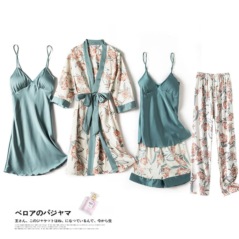 Pajamas for Women Pijama Mujer 4 Piece Set Sexy Ladies Pyjama Sleepwear Women Pajama Sets Sleep Lounge with Chest Pads Home Wear
