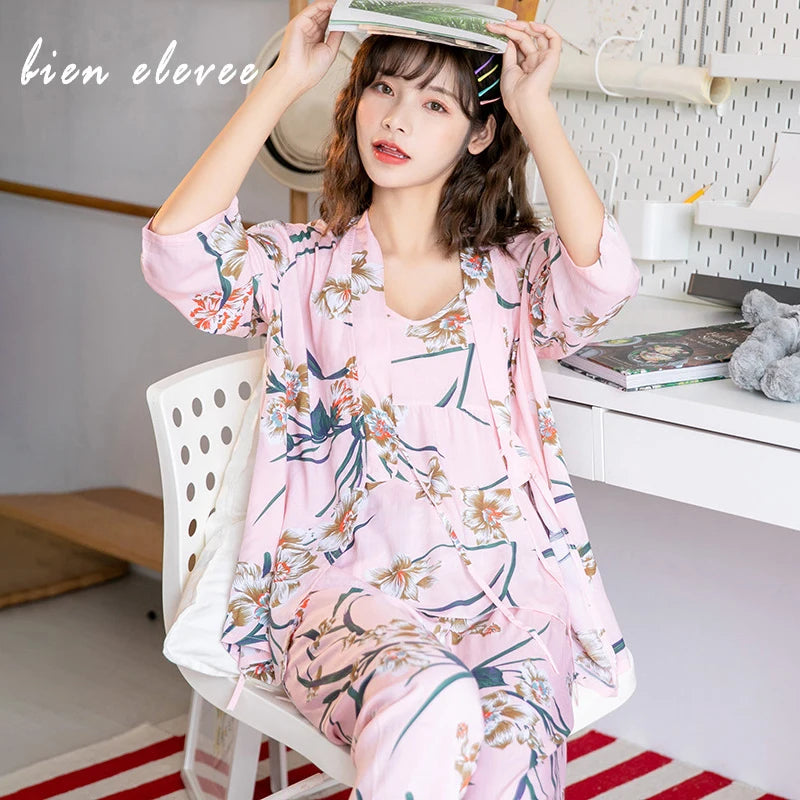 Women's Pajama Robe Set Sleepwear Suit Flower Printed Pijama Warm Home Clothing Nightwear Pyjama Women Sexy Lingerie 3 pieces