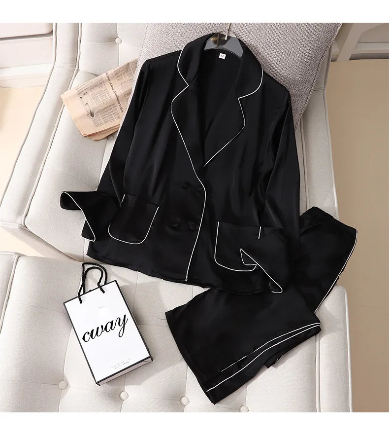 Pajama Set PJS For Women Satin Silky Pyjama Long Sleeve Casual Sleepwear Nightwear Loungewear Rayon 2 Piece Home Wear