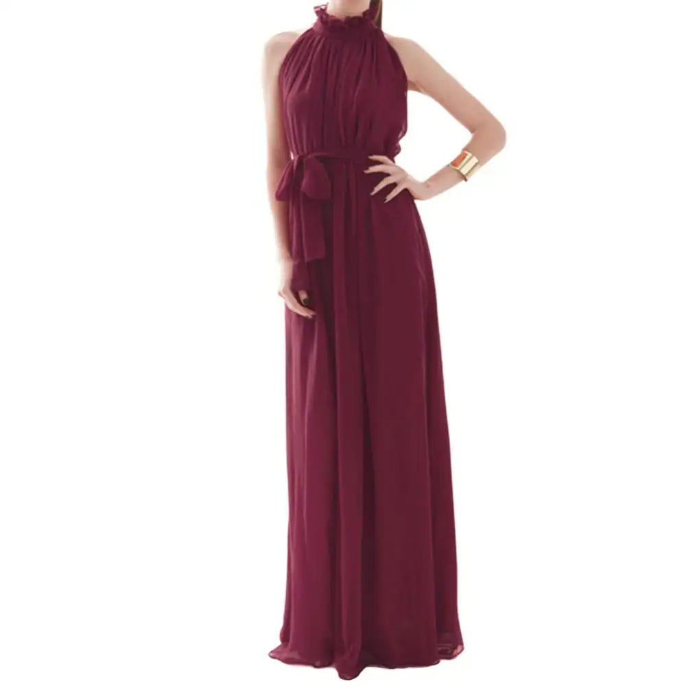 Bohemian Loose Long Dresses Women Summer Autumn Evening Party Solid Color Ruffled Collar Sleeveless Maxi Dress with Belt