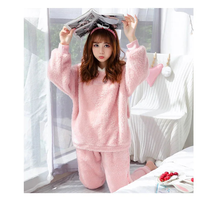 Jielur Winter Women Pajama Sets Lady Long Sleeve Shirt+Pants Solid Color Home suit Warm Hooded Cartoon Thick Pijama Feminino
