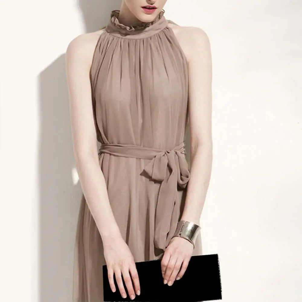Bohemian Loose Long Dresses Women Summer Autumn Evening Party Solid Color Ruffled Collar Sleeveless Maxi Dress with Belt