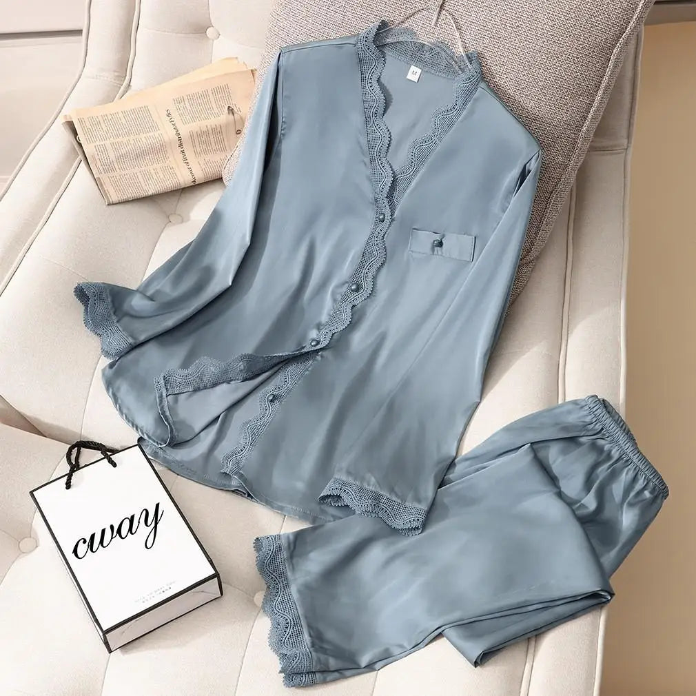 Pajama Set PJS For Women Satin Silky Pyjama Long Sleeve Casual Sleepwear Nightwear Loungewear Rayon 2 Piece Home Wear