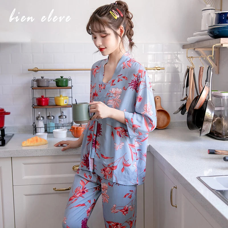 Women's Pajama Robe Set Sleepwear Suit Flower Printed Pijama Warm Home Clothing Nightwear Pyjama Women Sexy Lingerie 3 pieces