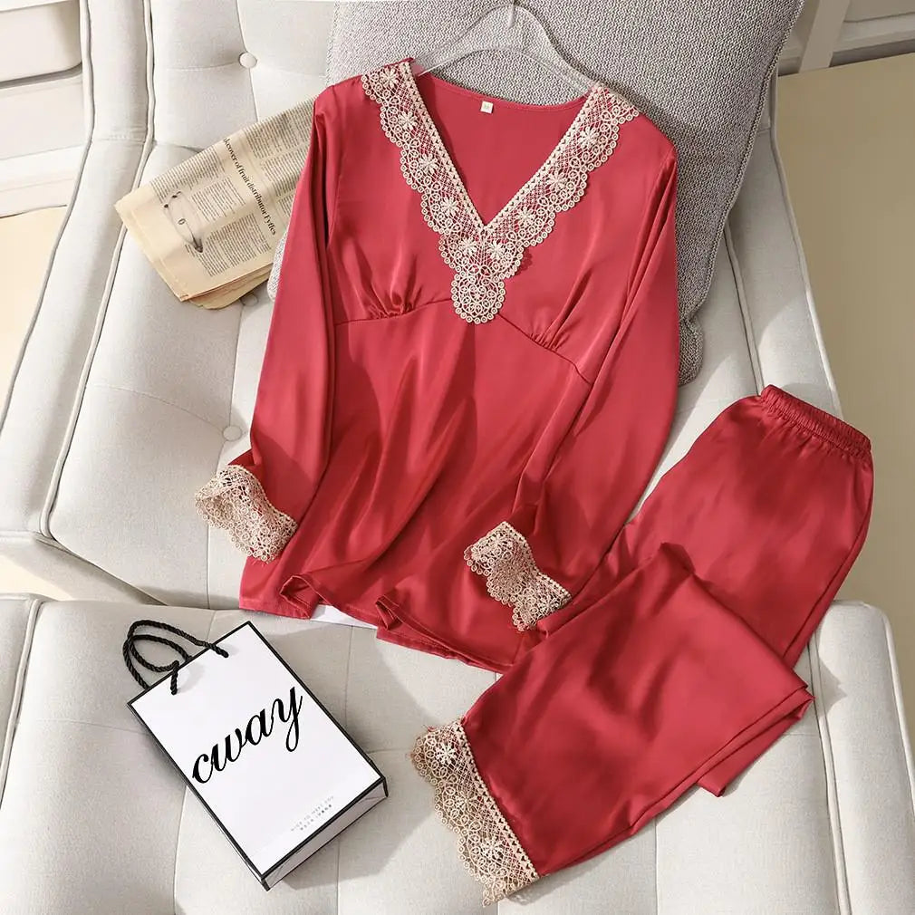 Pajama Set PJS For Women Satin Silky Pyjama Long Sleeve Casual Sleepwear Nightwear Loungewear Rayon 2 Piece Home Wear