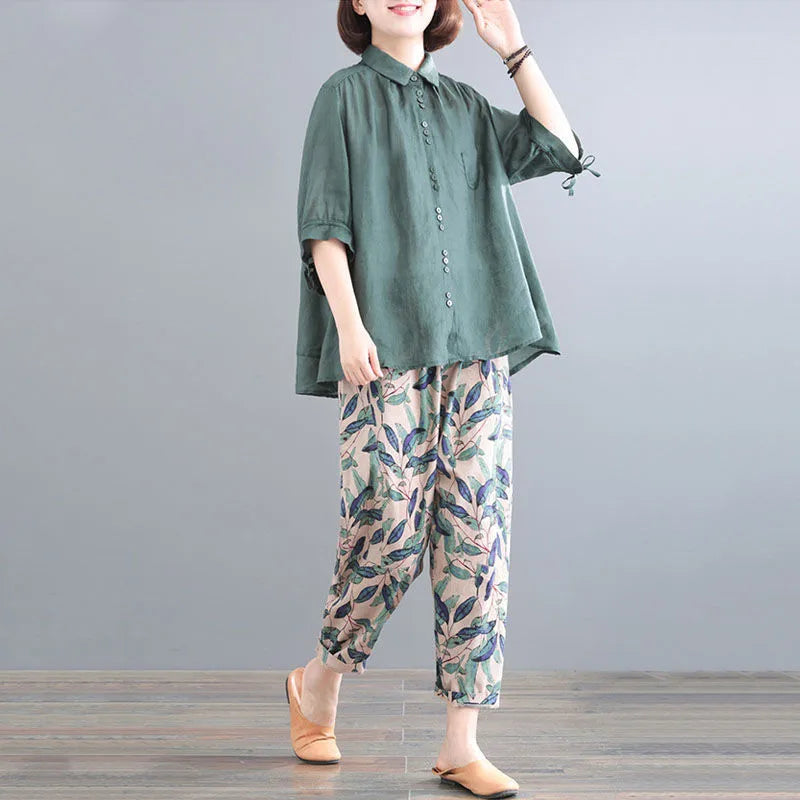 Pant Suits Women Summer New Korean Loose Fashion Sets Thin Cotton Shirt+Trousers Suit Female Retro Two Piece Set Women Green set