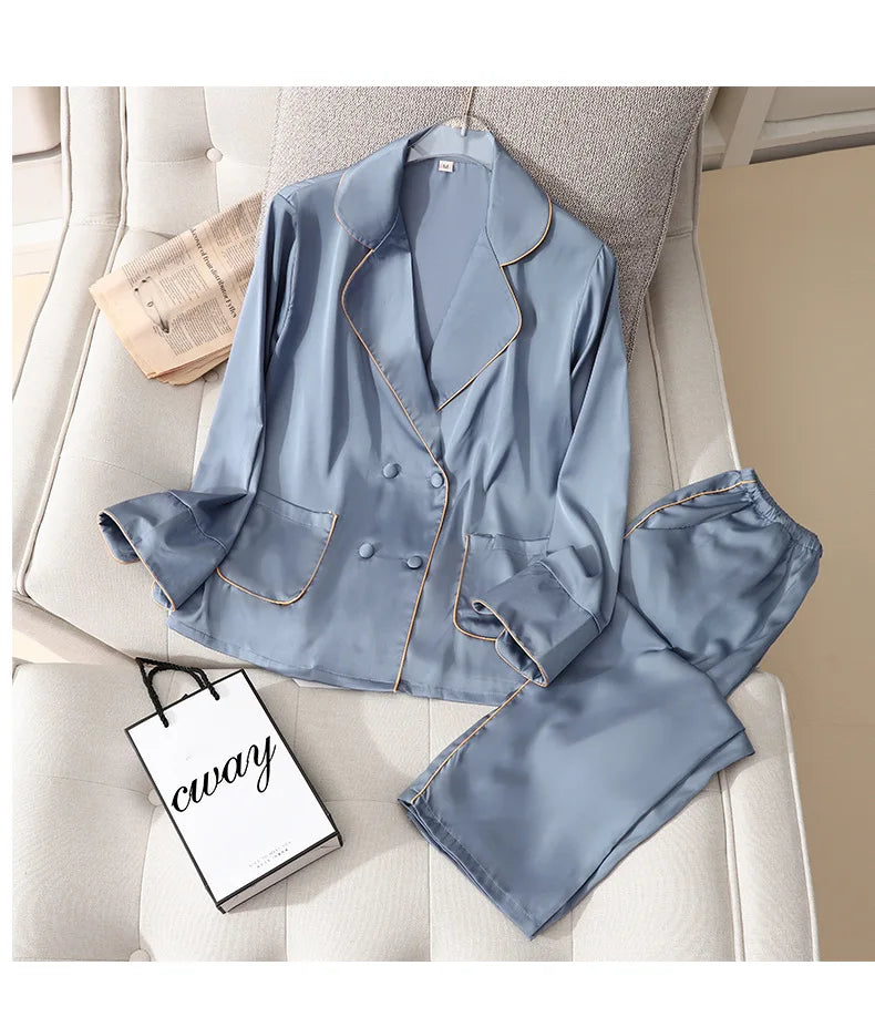 Pajama Set PJS For Women Satin Silky Pyjama Long Sleeve Casual Sleepwear Nightwear Loungewear Rayon 2 Piece Home Wear