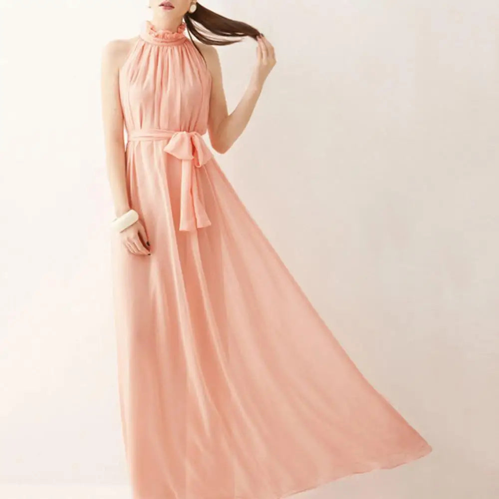 Bohemian Loose Long Dresses Women Summer Autumn Evening Party Solid Color Ruffled Collar Sleeveless Maxi Dress with Belt