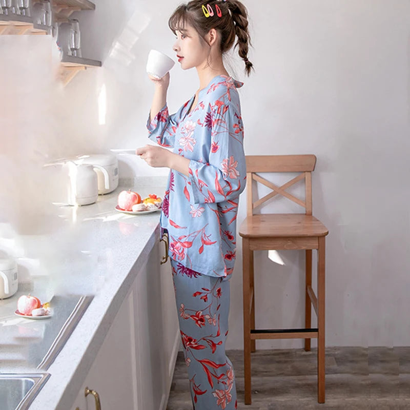 Women's Pajama Robe Set Sleepwear Suit Flower Printed Pijama Warm Home Clothing Nightwear Pyjama Women Sexy Lingerie 3 pieces