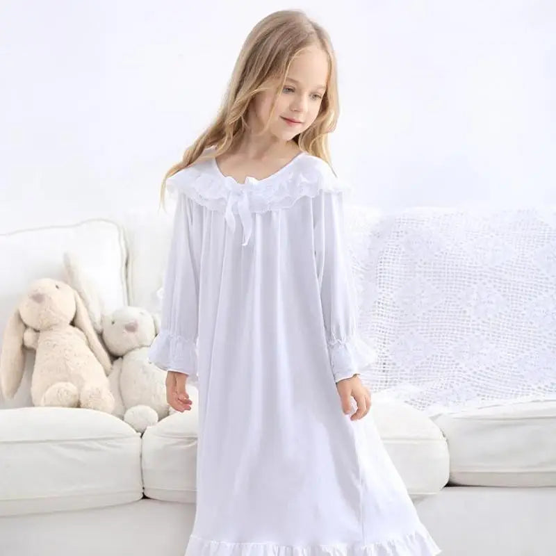Pajama Dress Girl White Bow Long Sleeve Nightdress For Girls High-grade Cotton Children Nightwear Sweet Home Wear Nightdress