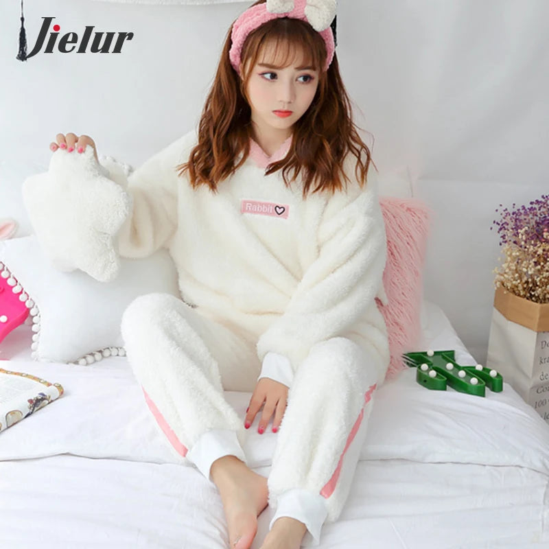 Jielur Winter Women Pajama Sets Lady Long Sleeve Shirt+Pants Solid Color Home suit Warm Hooded Cartoon Thick Pijama Feminino