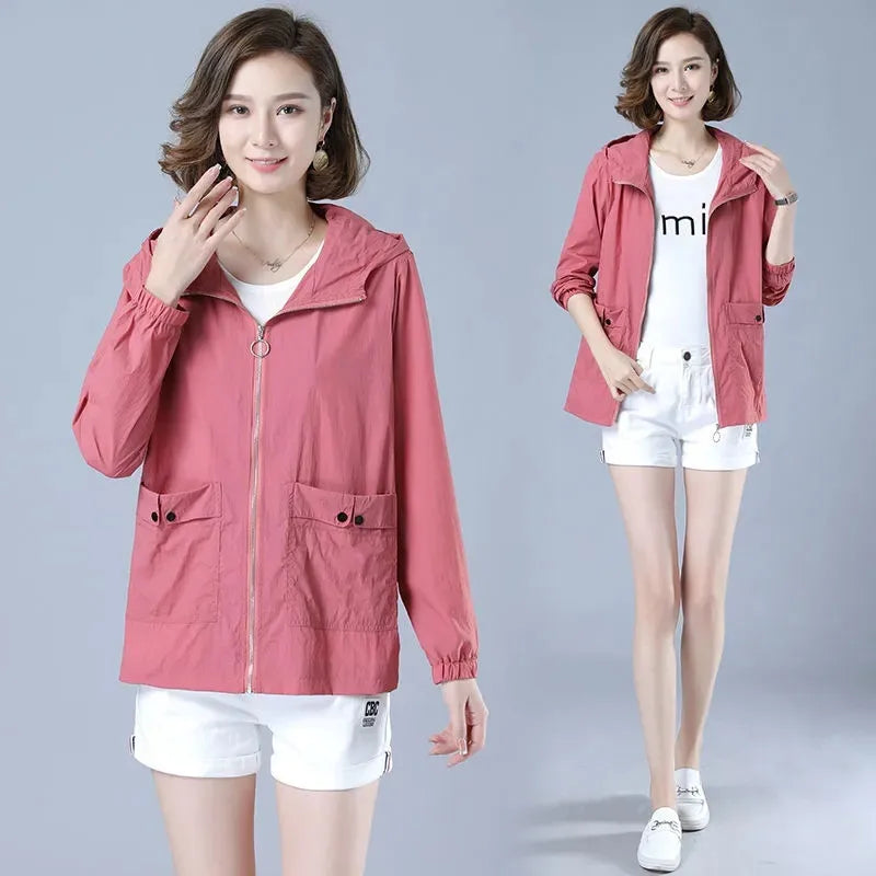 Women's Jacket 2022 New Summer Thin Coat Casual Windbreaker Female Sun Protection Jacket Basic Zipper Coat Tops 5XL