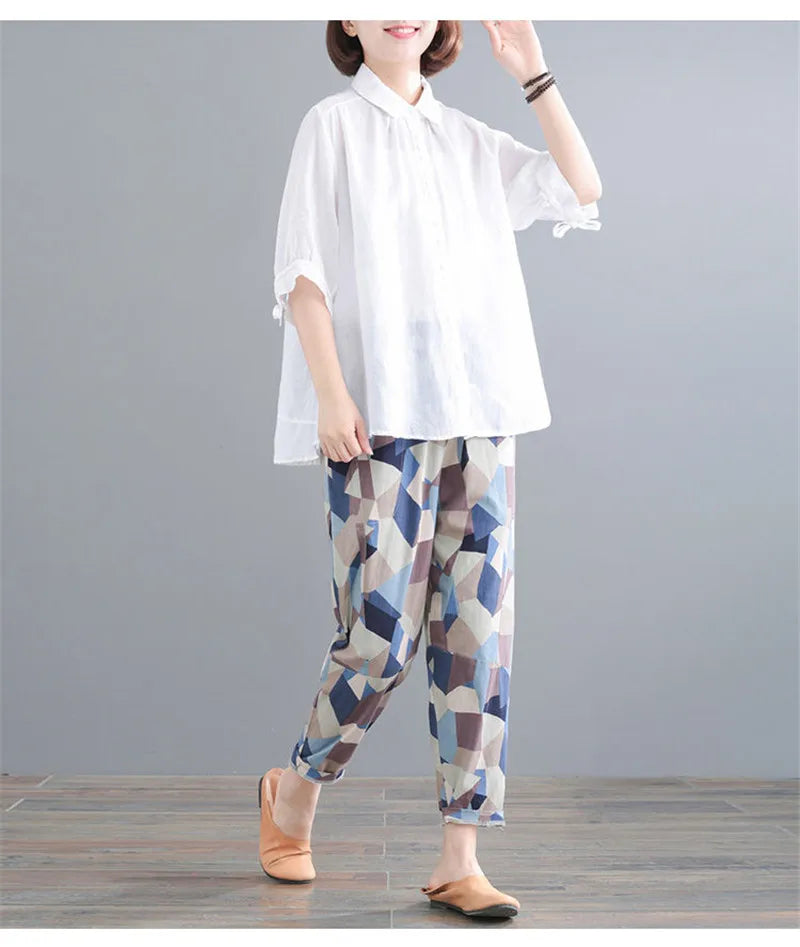 Pant Suits Women Summer New Korean Loose Fashion Sets Thin Cotton Shirt+Trousers Suit Female Retro Two Piece Set Women Green set