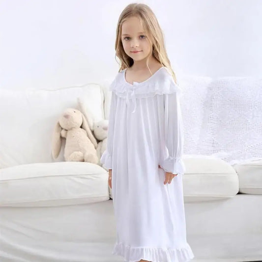 Pajama Dress Girl White Bow Long Sleeve Nightdress For Girls High-grade Cotton Children Nightwear Sweet Home Wear Nightdress