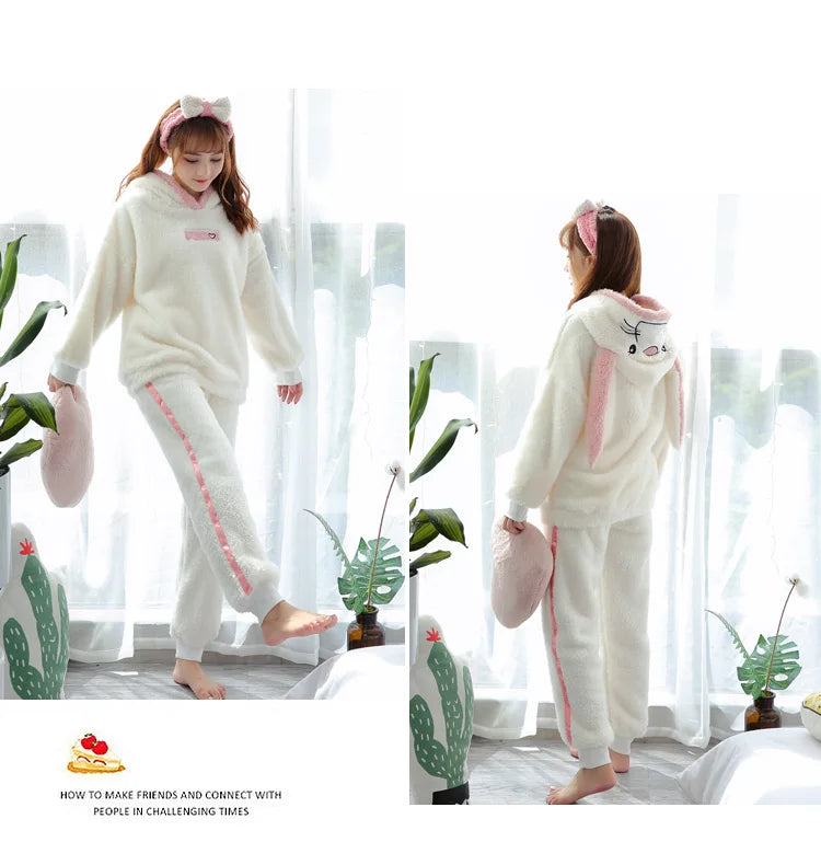 Jielur Winter Women Pajama Sets Lady Long Sleeve Shirt+Pants Solid Color Home suit Warm Hooded Cartoon Thick Pijama Feminino
