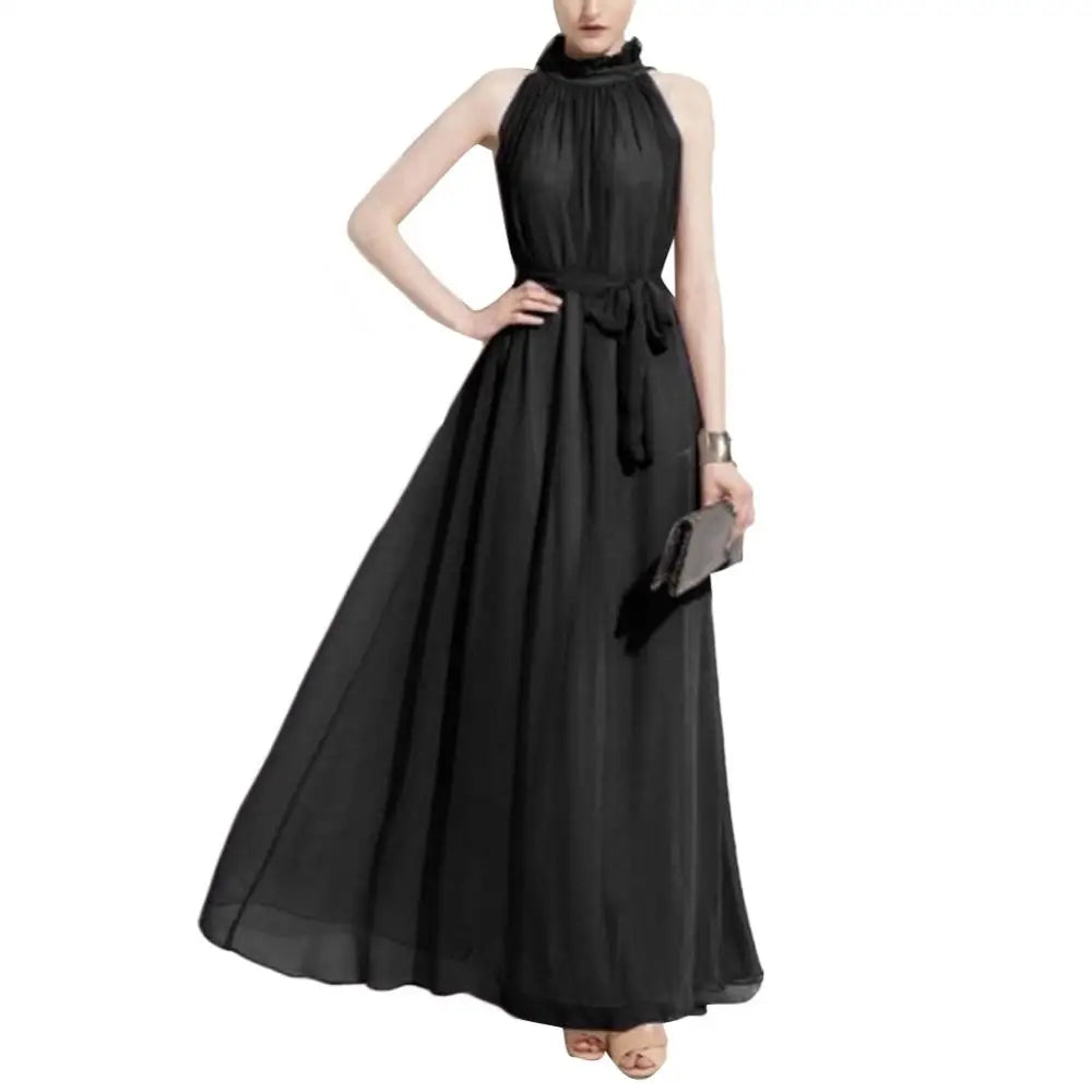 Bohemian Loose Long Dresses Women Summer Autumn Evening Party Solid Color Ruffled Collar Sleeveless Maxi Dress with Belt
