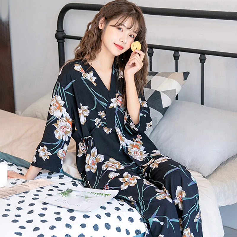 Women's Pajama Robe Set Sleepwear Suit Flower Printed Pijama Warm Home Clothing Nightwear Pyjama Women Sexy Lingerie 3 pieces