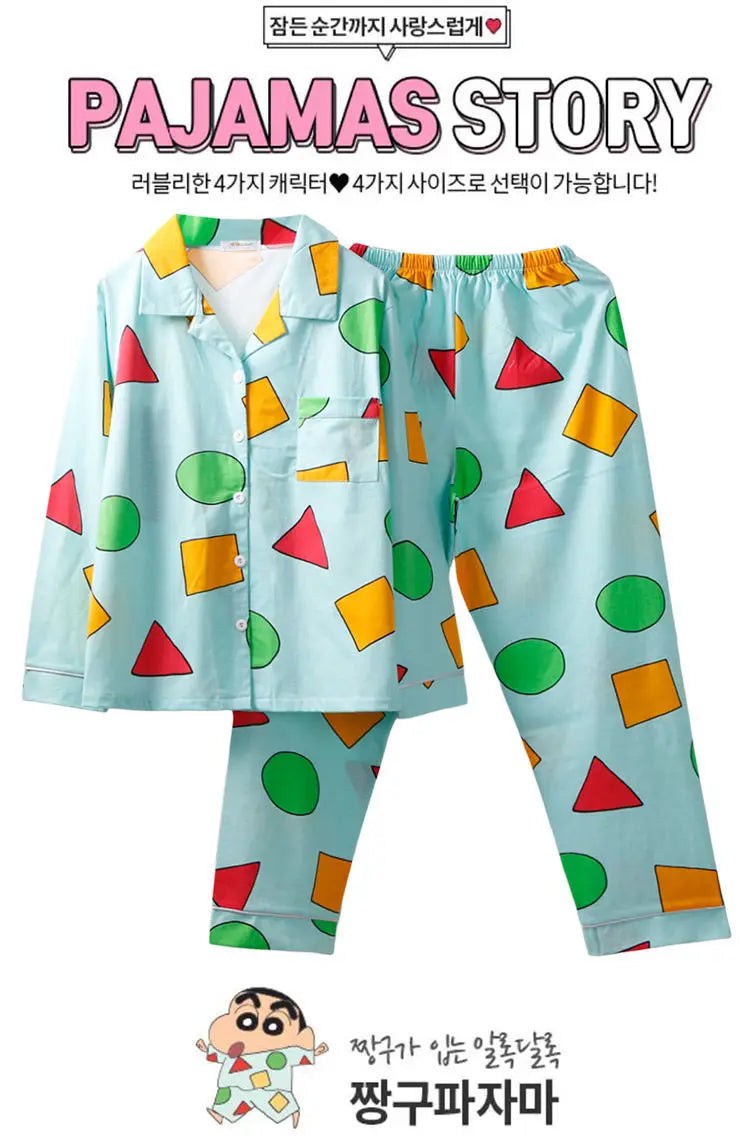 Pijama Schin Chan Pijamas Para Parejas 2-piece Set Home Causal V-neck Long Sleeve Nightgown Autumn Trousers Couple Pajama Sets
