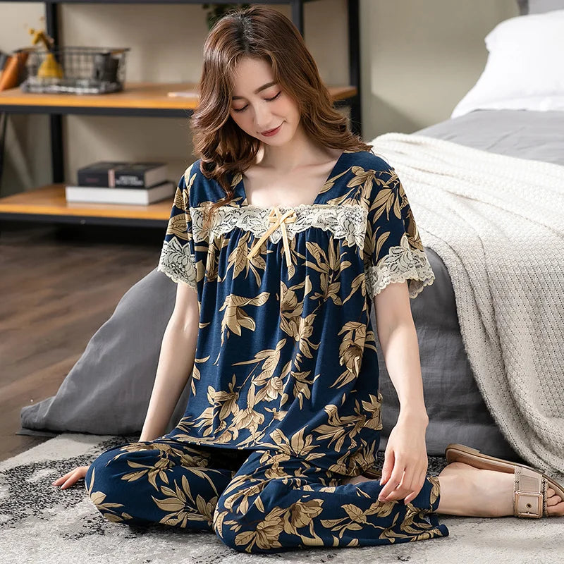 Women Pajama Sets Modal Cotton Pijamas Mujer Sleepwear Lady Short Sleeve Summer Nightwear Femme 2 Pieces Sets Lace Homewear XXXL