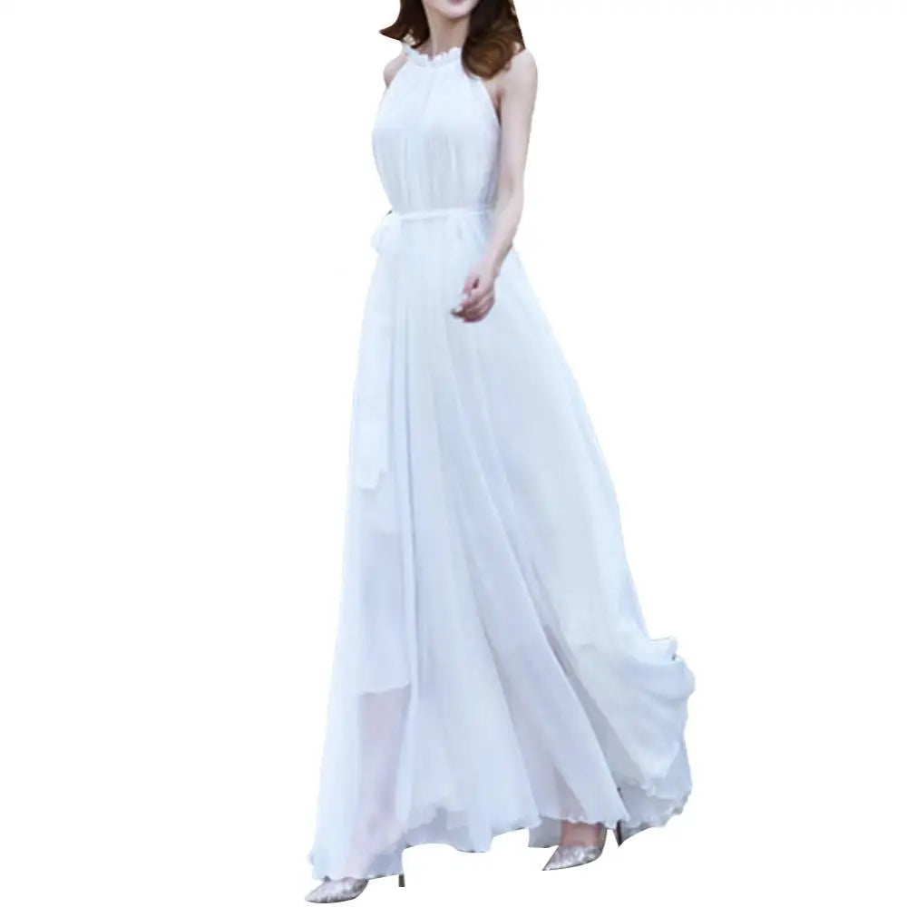 Bohemian Loose Long Dresses Women Summer Autumn Evening Party Solid Color Ruffled Collar Sleeveless Maxi Dress with Belt