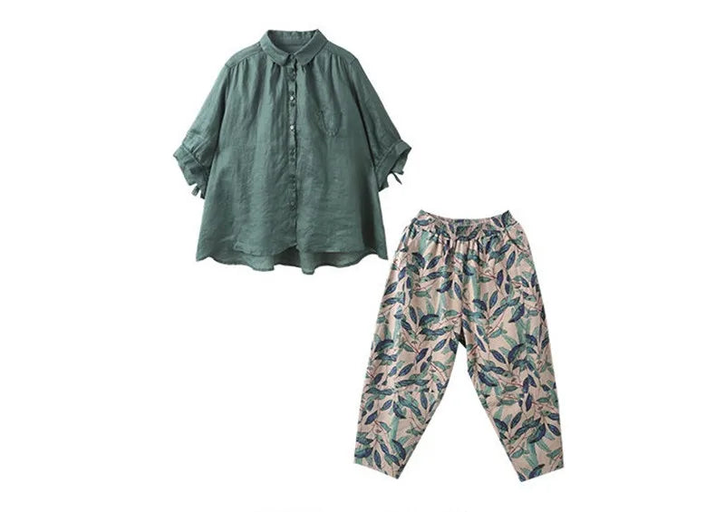 Pant Suits Women Summer New Korean Loose Fashion Sets Thin Cotton Shirt+Trousers Suit Female Retro Two Piece Set Women Green set