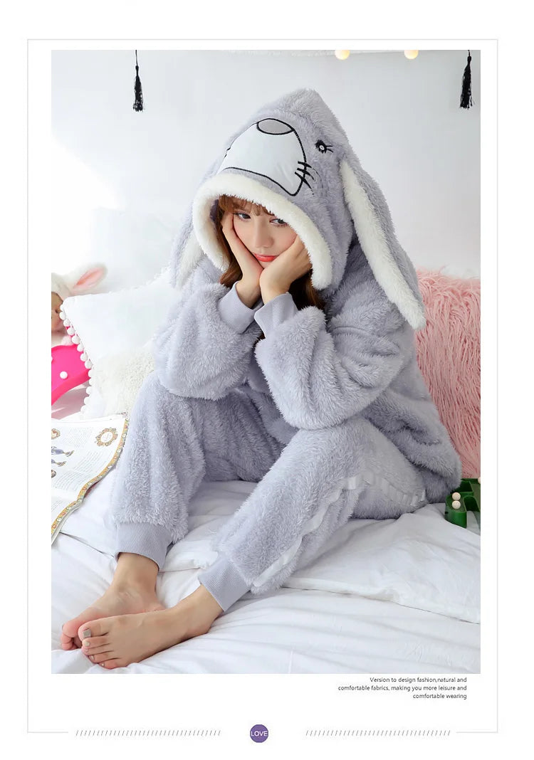 Jielur Winter Women Pajama Sets Lady Long Sleeve Shirt+Pants Solid Color Home suit Warm Hooded Cartoon Thick Pijama Feminino