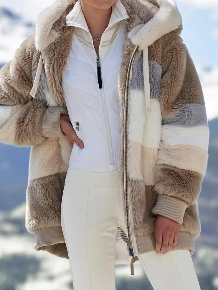 Winter Fashion Women's Coat New Casual Hooded Zipper Ladies Clothes Cashmere Women Jacket Stitching Plaid Ladies Coats
