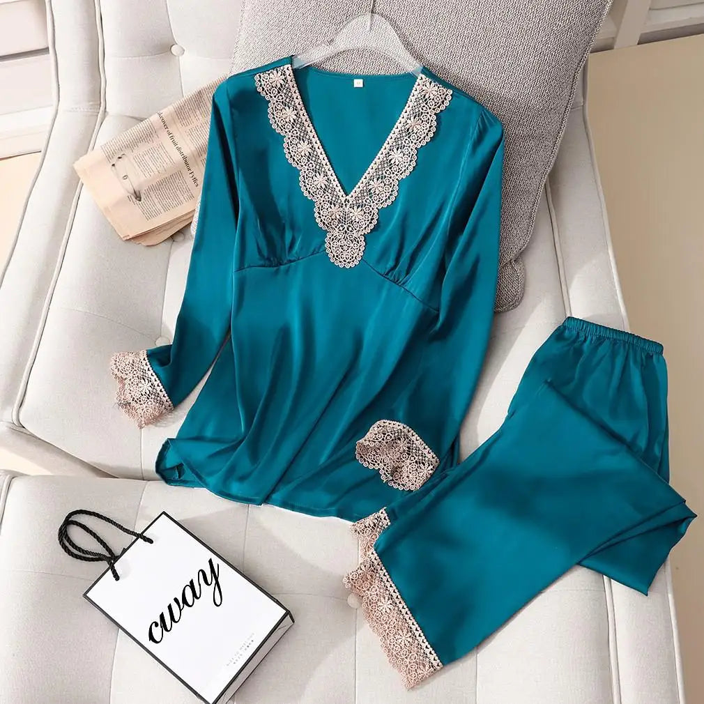 Pajama Set PJS For Women Satin Silky Pyjama Long Sleeve Casual Sleepwear Nightwear Loungewear Rayon 2 Piece Home Wear